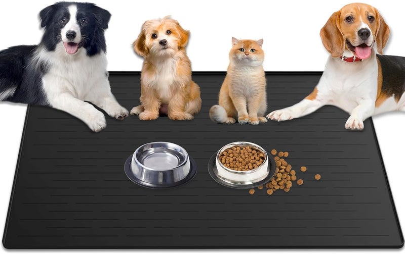 Gold Leaf 1.5MM Super Thick Dog Food Mat, 48"x32" Silicone Dog and Cat Mats for Food and Water Bowls, Waterproof Pet Feeding Mat for Contain Spills Protects Floors, Multiple Colors & Sizes for Pets, Black - Image 1